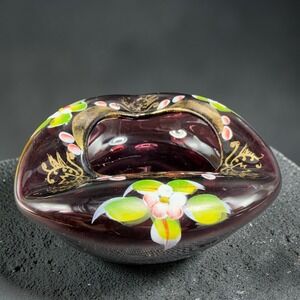 Vintage Italian Amethyst Purple Glass Ashtray Hand Painted Floral Gold Scroll